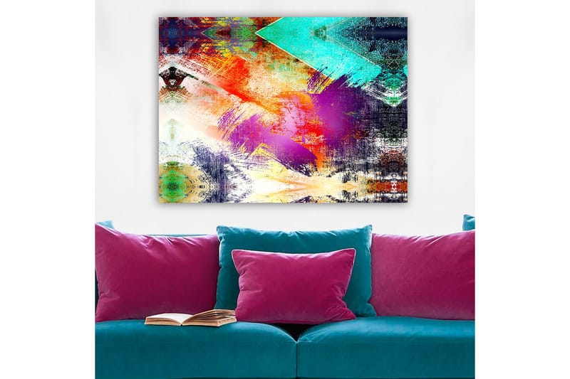 Canvastavla 70x100 cm - Abstrakt komposition med färgglada geometriska former och dynamiska penseldrag - Turkos / Lila / Röd - Inredning - Tavlor & posters - Canvastavla