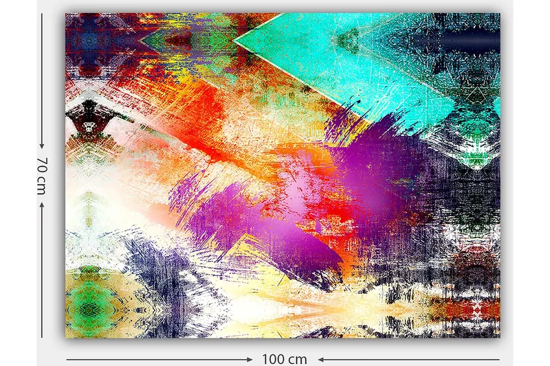 Canvastavla 70x100 cm - Abstrakt komposition med färgglada geometriska former och dynamiska penseldrag - Turkos / Lila / Röd - Inredning - Tavlor & posters - Canvastavla