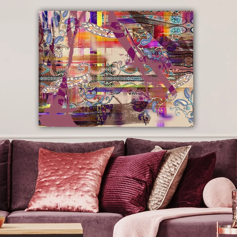 Canvastavla 70x100 cm - Abstrakt komposition med färgglada mönster och dekorativa inslag - Lila / Orange / Blå - Inredning - Tavlor & posters - Canvastavla