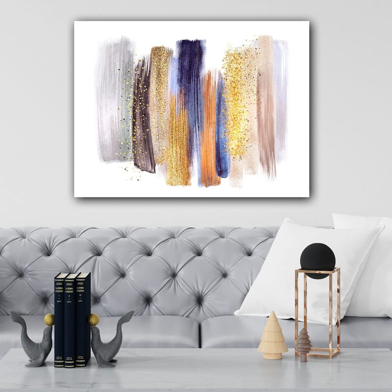 Canvastavla 70x100 cm - Abstrakt komposition med färgglada penseldrag i olika nyanser - Guld / Mörkblå / Grå - Inredning - Tavlor & posters - Canvastavla