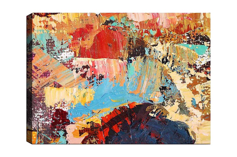 Canvastavla 70x100 cm - Abstrakt komposition med färgglada penseldrag som skapar en dynamisk och livfull känsla, Röd / Blå / Beige