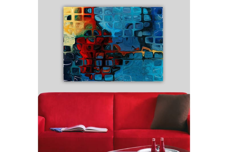 Canvastavla 70x100 cm - Abstrakt komposition med färgstarka rutor i blått och rött - Blå / Röd / Orange - Inredning - Tavlor & posters - Canvastavla