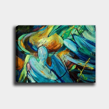 Canvastavla 70x100 cm - Abstrakt komposition med figurer som tycks interagera i en dynamisk rörelse - Blå / Grön / Orange - Inredning - Tavlor & posters - Canvastavla