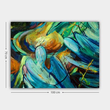 Canvastavla 70x100 cm - Abstrakt komposition med figurer som tycks interagera i en dynamisk rörelse - Blå / Grön / Orange - Inredning - Tavlor & posters - Canvastavla