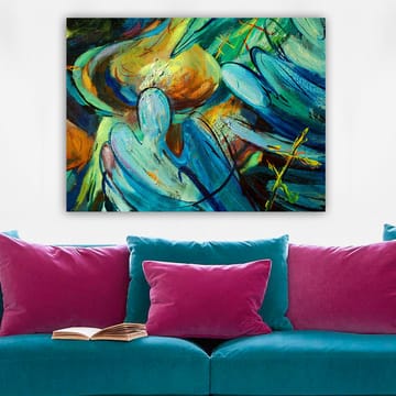 Canvastavla 70x100 cm - Abstrakt komposition med figurer som tycks interagera i en dynamisk rörelse - Blå / Grön / Orange - Inredning - Tavlor & posters - Canvastavla
