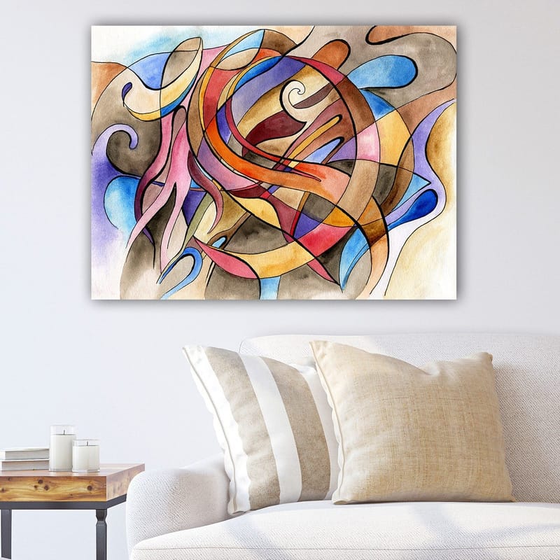 Canvastavla 70x100 cm - Abstrakt komposition med flödande linjer och former i varma och kalla färger, Röd / Blå / Beige