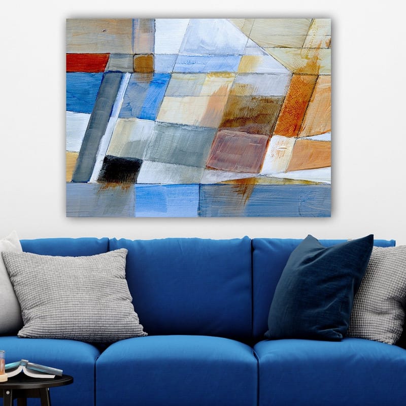 Canvastavla 70x100 cm - Abstrakt komposition med geometriska former i harmoniska färger - Blå / Orange / Grå - Inredning - Tavlor & posters - Canvastavla
