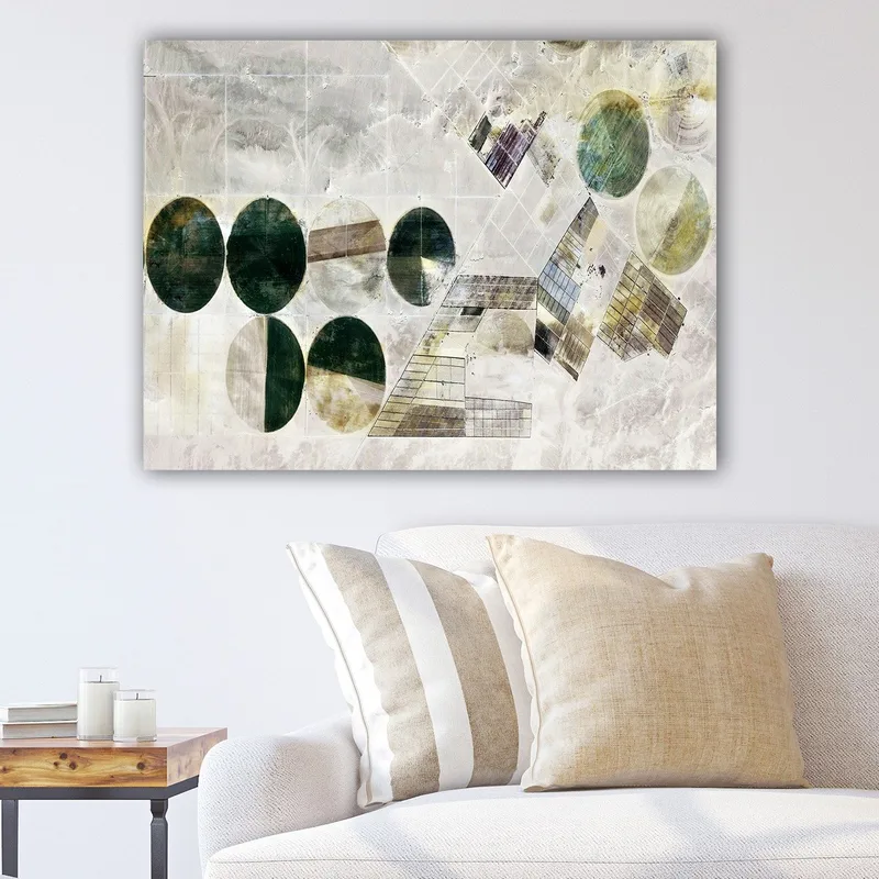 Canvastavla 70x100 cm - Abstrakt komposition med geometriska former i olika nyanser av grönt och brunt, Mörkgrön / Ljusgrön / Brun