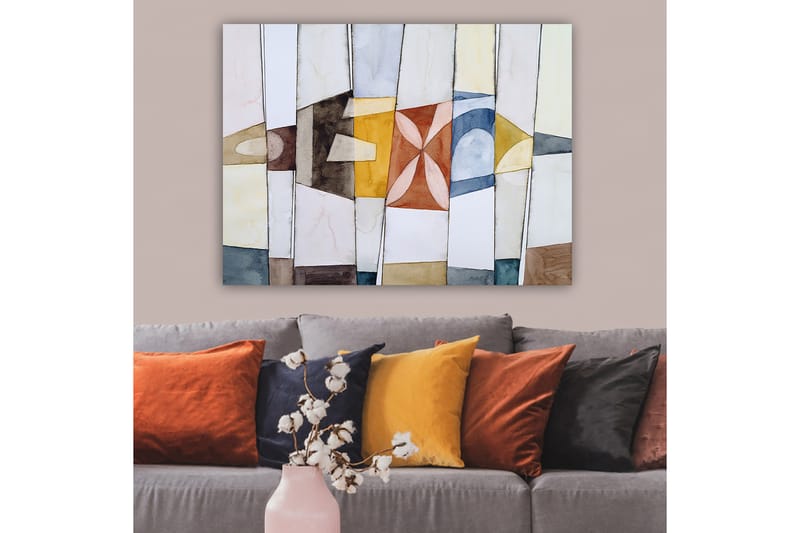 Canvastavla 70x100 cm - Abstrakt komposition med geometriska former i varma och kalla färger - Guld / Blå / Brun - Inredning - Tavlor & posters - Canvastavla