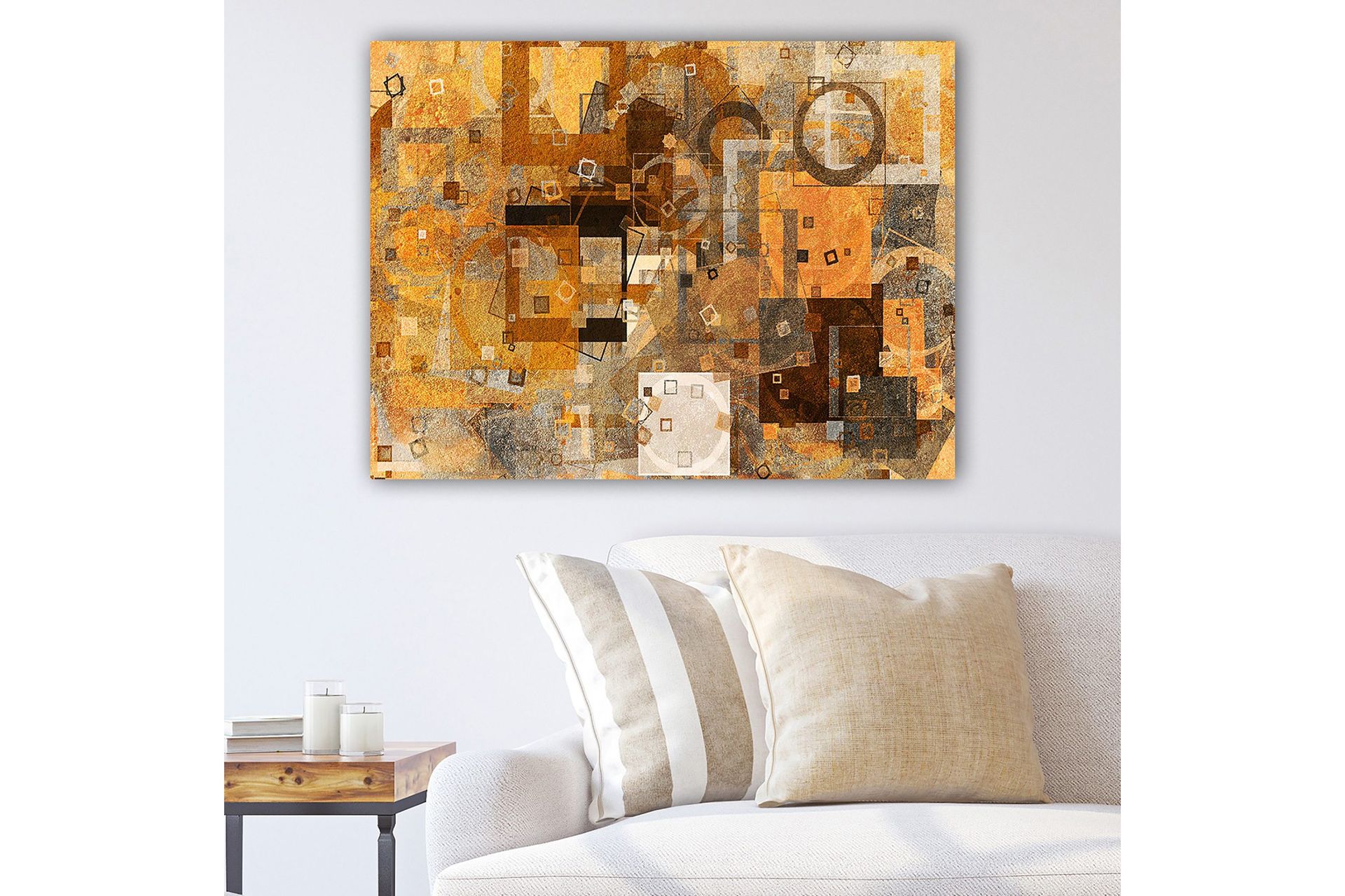 Canvastavla 70x100 cm - Abstrakt komposition med geometriska former i varma toner - Guld / Brunt / Grått
