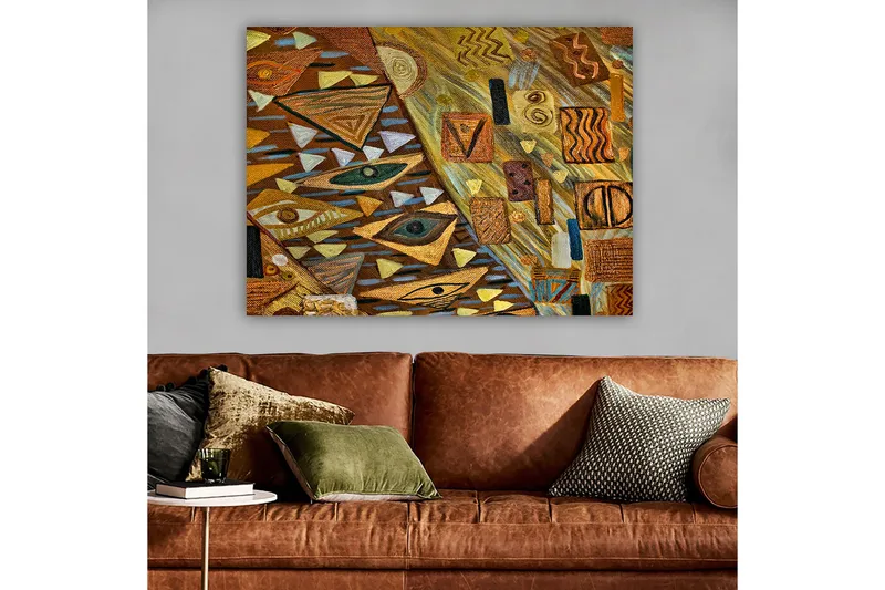 Canvastavla 70x100 cm - Abstrakt komposition med geometriska former och ögonmotiv i varma jordtoner, Guld / Brun / Beige