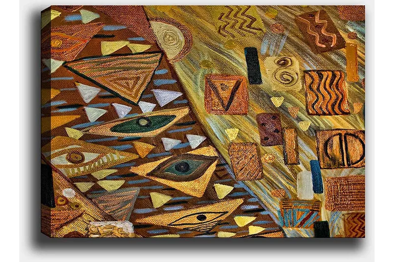 Canvastavla 70x100 cm - Abstrakt komposition med geometriska former och ögonmotiv i varma jordtoner - Guld / Brun / Beige - Inredning - Tavlor & posters - Canvastavla