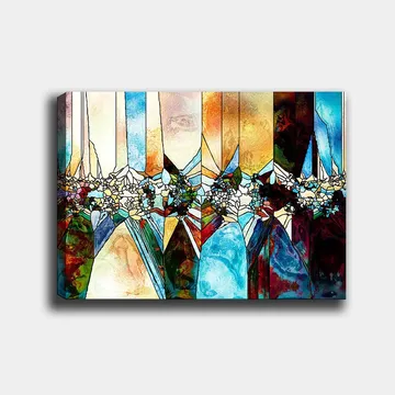 Canvastavla 70x100 cm - Abstrakt komposition med geometriska former och blommotiv i klara färger - Blå / Grön / Orange - Inredning - Tavlor & posters - Canvastavla