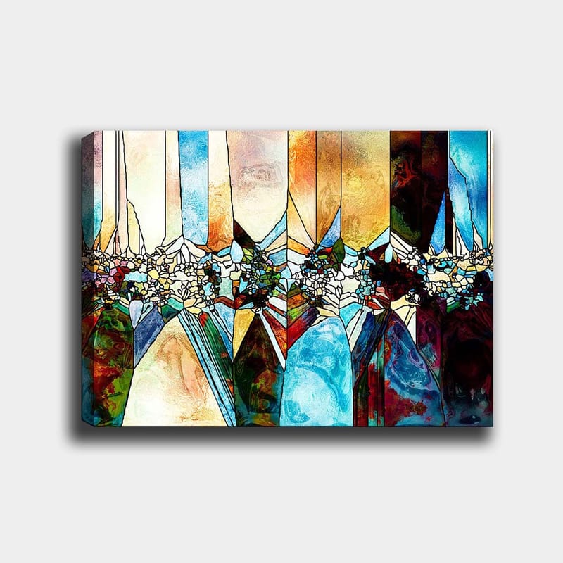 Canvastavla 70x100 cm - Abstrakt komposition med geometriska former och blommotiv i klara färger - Blå / Grön / Orange - Inredning - Tavlor & posters - Canvastavla