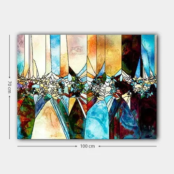 Canvastavla 70x100 cm - Abstrakt komposition med geometriska former och blommotiv i klara färger - Blå / Grön / Orange - Inredning - Tavlor & posters - Canvastavla