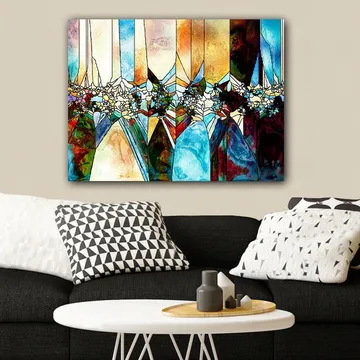 Canvastavla 70x100 cm - Abstrakt komposition med geometriska former och blommotiv i klara färger - Blå / Grön / Orange - Inredning - Tavlor & posters - Canvastavla