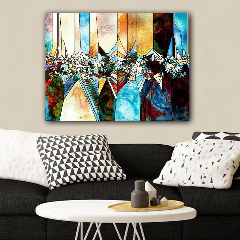 Canvastavla 70x100 cm - Abstrakt komposition med geometriska former och blommotiv i klara färger - Blå / Grön / Orange - Inredning - Tavlor & posters - Canvastavla