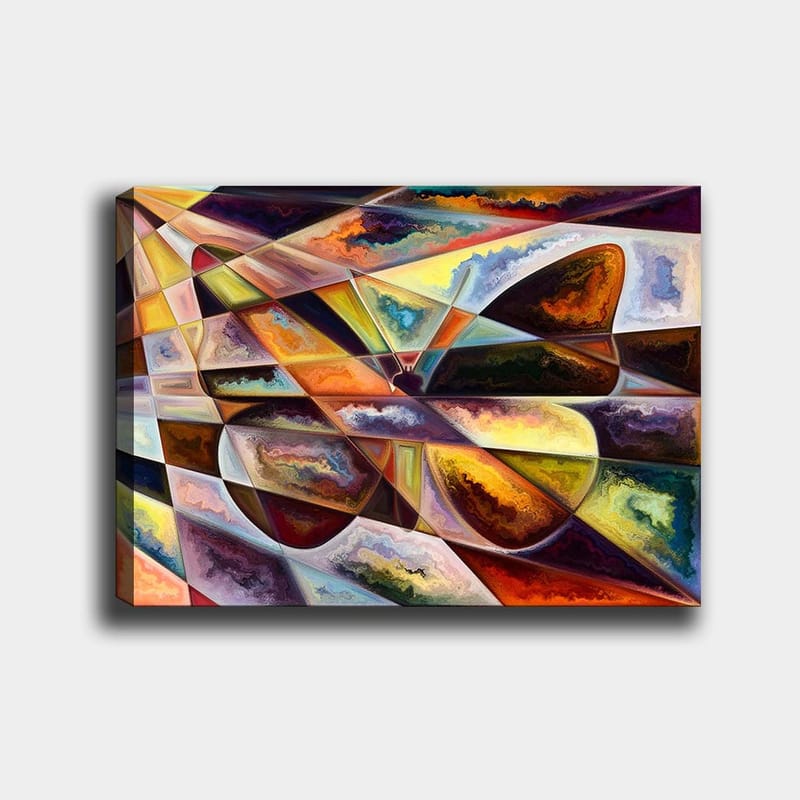 Canvastavla 70x100 cm - Abstrakt komposition med geometriska former och dynamiska färgövergångar, Guld / Mörkbrun / Orange