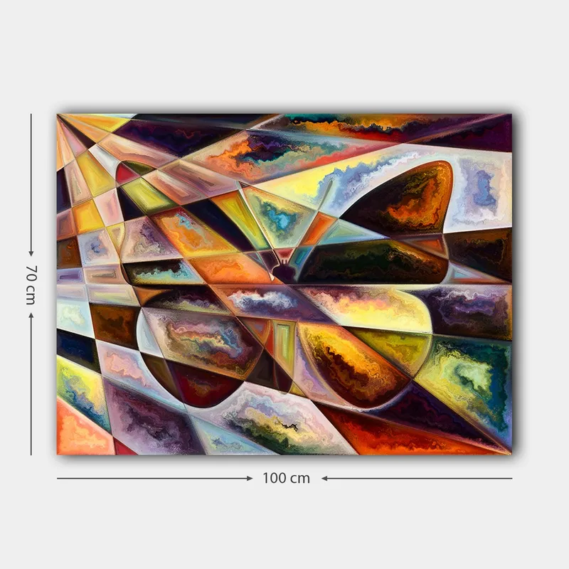 Canvastavla 70x100 cm - Abstrakt komposition med geometriska former och dynamiska färgövergångar - Guld / Mörkbrun / Orange - Inredning - Tavlor & posters - Canvastavla