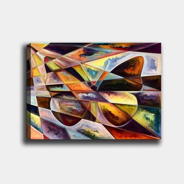 Canvastavla 70x100 cm - Abstrakt komposition med geometriska former och dynamiska färgövergångar - Guld / Mörkbrun / Orange - Inredning - Tavlor & posters - Canvastavla