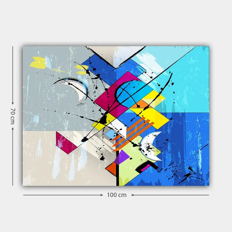 Canvastavla 70x100 cm - Abstrakt komposition med geometriska former och dynamiska linjer - Blå / Rosa / Gul - Inredning - Tavlor & posters - Canvastavla