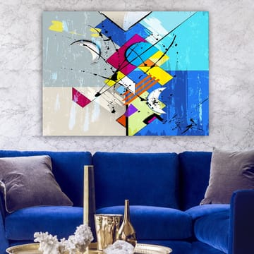 Canvastavla 70x100 cm - Abstrakt komposition med geometriska former och dynamiska linjer - Blå / Rosa / Gul - Inredning - Tavlor & posters - Canvastavla