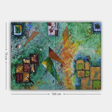 Canvastavla 70x100 cm - Abstrakt komposition med geometriska former och dynamiska linjer i en färgglad harmoni - Grön / Orange / Brun - Inredning - Tavlor & posters - Canvastavla