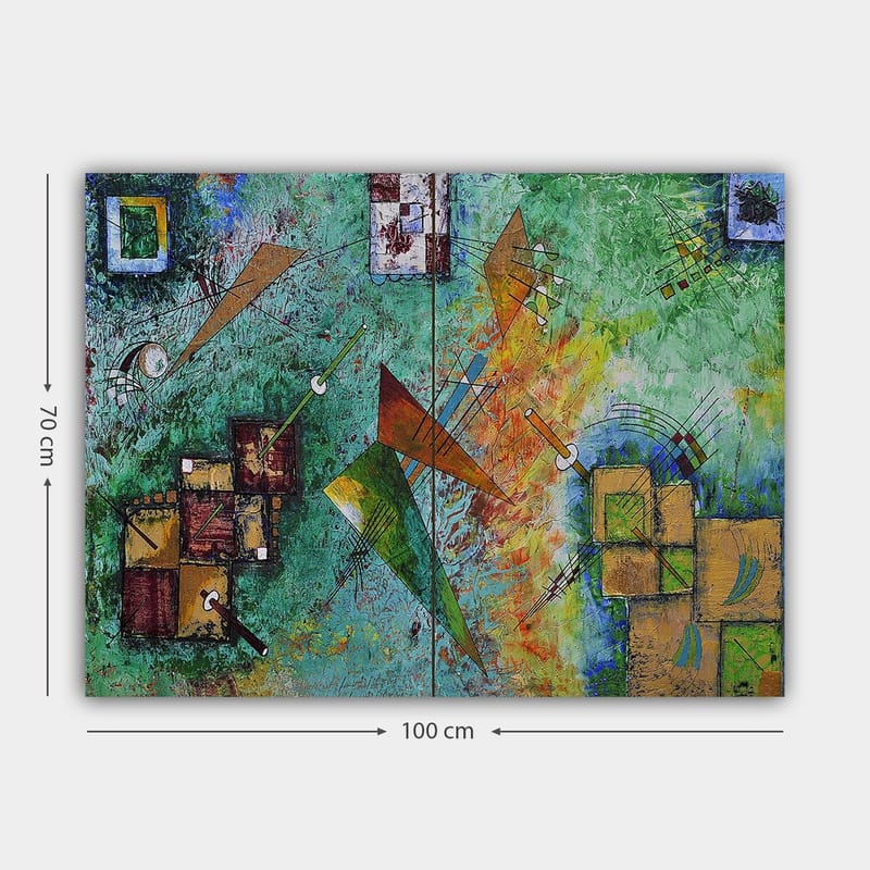 Canvastavla 70x100 cm - Abstrakt komposition med geometriska former och dynamiska linjer i en färgglad harmoni - Grön / Orange / Brun - Inredning - Tavlor & posters - Canvastavla