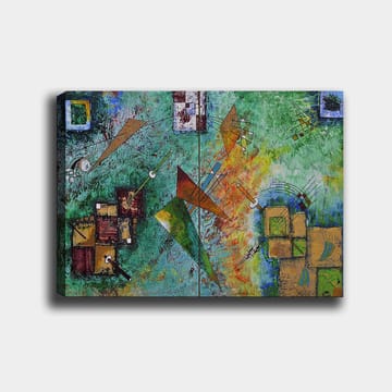 Canvastavla 70x100 cm - Abstrakt komposition med geometriska former och dynamiska linjer i en färgglad harmoni - Grön / Orange / Brun - Inredning - Tavlor & posters - Canvastavla