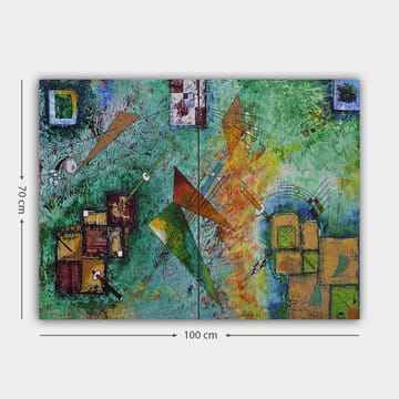 Canvastavla 70x100 cm - Abstrakt komposition med geometriska former och dynamiska linjer i en färgglad harmoni - Grön / Orange / Brun - Inredning - Tavlor & posters - Canvastavla