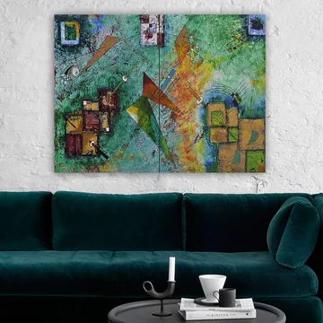 Canvastavla 70x100 cm - Abstrakt komposition med geometriska former och dynamiska linjer i en färgglad harmoni - Grön / Orange / Brun - Inredning - Tavlor & posters - Canvastavla