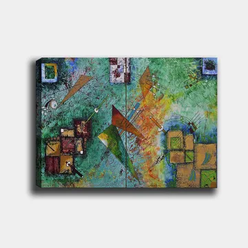 Canvastavla 70x100 cm - Abstrakt komposition med geometriska former och dynamiska linjer i en färgglad harmoni - Grön / Orange / Brun - Inredning - Tavlor & posters - Canvastavla