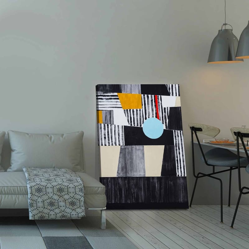 Canvastavla 70x100 cm - Abstrakt komposition med geometriska former och en central cirkel - Svart / Ljusblå / Guld - Inredning - Tavlor & posters - Canvastavla