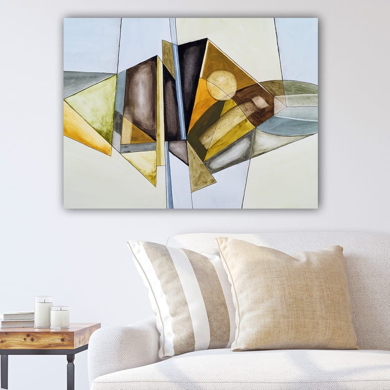 Canvastavla 70x100 cm - Abstrakt komposition med geometriska former och en solsymbol - Guld / Grön / Brun - Inredning - Tavlor & posters - Canvastavla