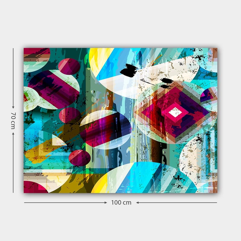 Canvastavla 70x100 cm - Abstrakt komposition med geometriska former och färgglada cirklar - Turkos / Röd / Gul - Inredning - Tavlor & posters - Canvastavla