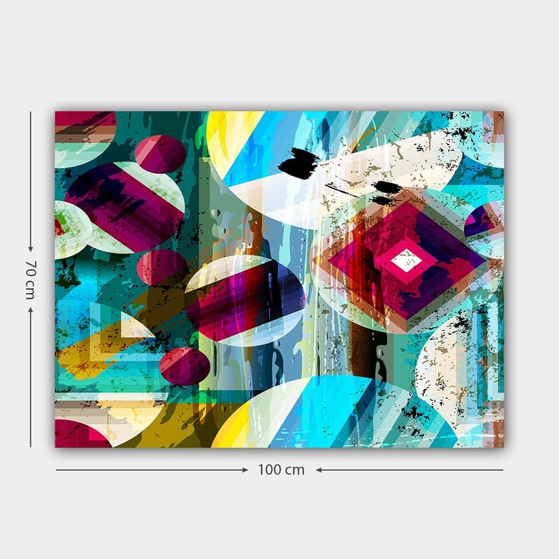 Canvastavla 70x100 cm - Abstrakt komposition med geometriska former och färgglada cirklar - Turkos / Röd / Gul - Inredning - Tavlor & posters - Canvastavla