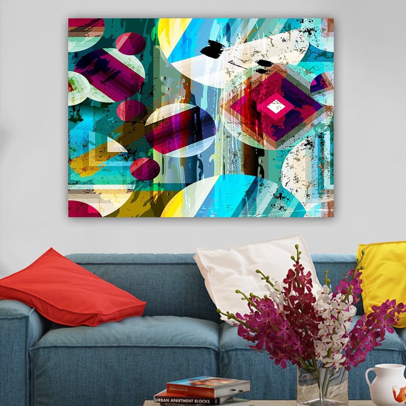Canvastavla 70x100 cm - Abstrakt komposition med geometriska former och färgglada cirklar - Turkos / Röd / Gul - Inredning - Tavlor & posters - Canvastavla