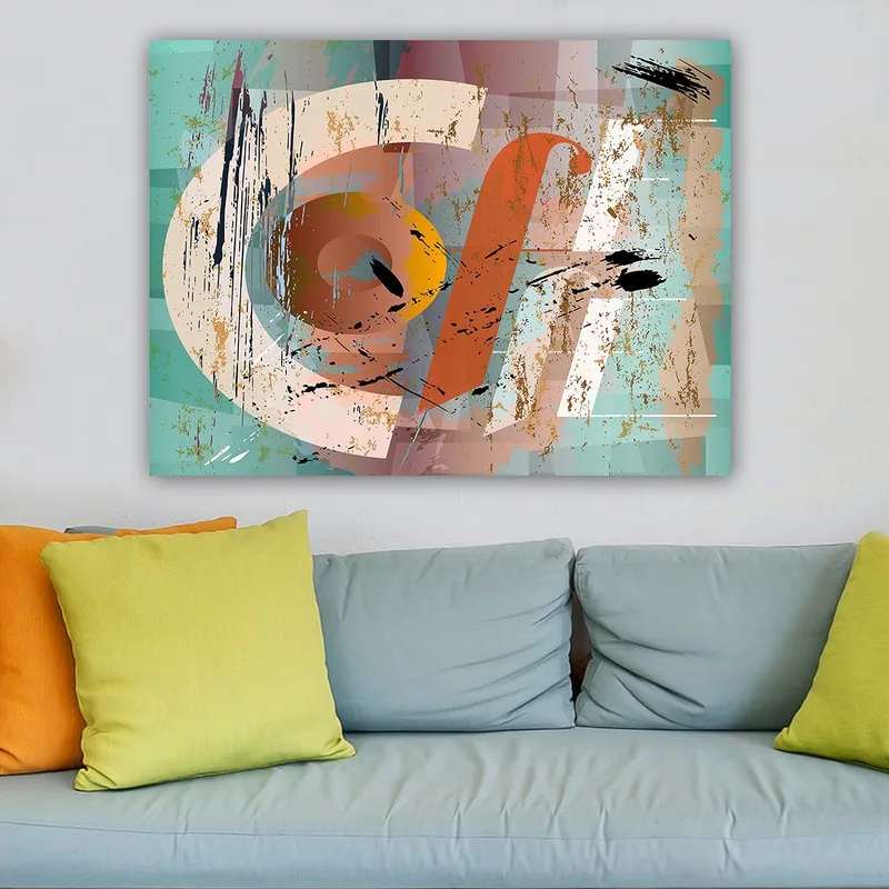 Canvastavla 70x100 cm - Abstrakt komposition med geometriska former och färgglada inslag - Turkos / Orange / Beige - Inredning - Tavlor & posters - Canvastavla