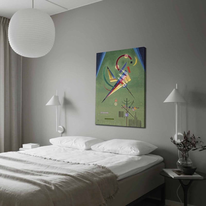 Canvastavla 70x100 cm - Abstrakt komposition med geometriska former och färgglada linjer, Grön / Blå / Röd