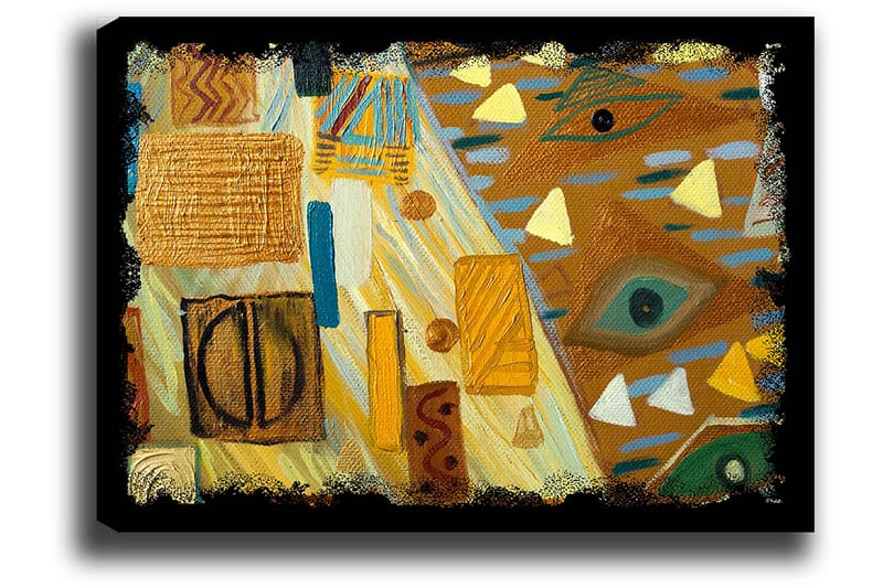 Canvastavla 70x100 cm - Abstrakt komposition med geometriska former och färgglada mönster - Guld / Blå / Grön - Inredning - Tavlor & posters - Canvastavla