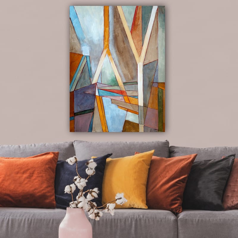 Canvastavla 70x100 cm - Abstrakt komposition med geometriska former och linjer som skapar en dynamisk känsla - Blå / Orange / Brun - Inredning - Tavlor & posters - Canvastavla