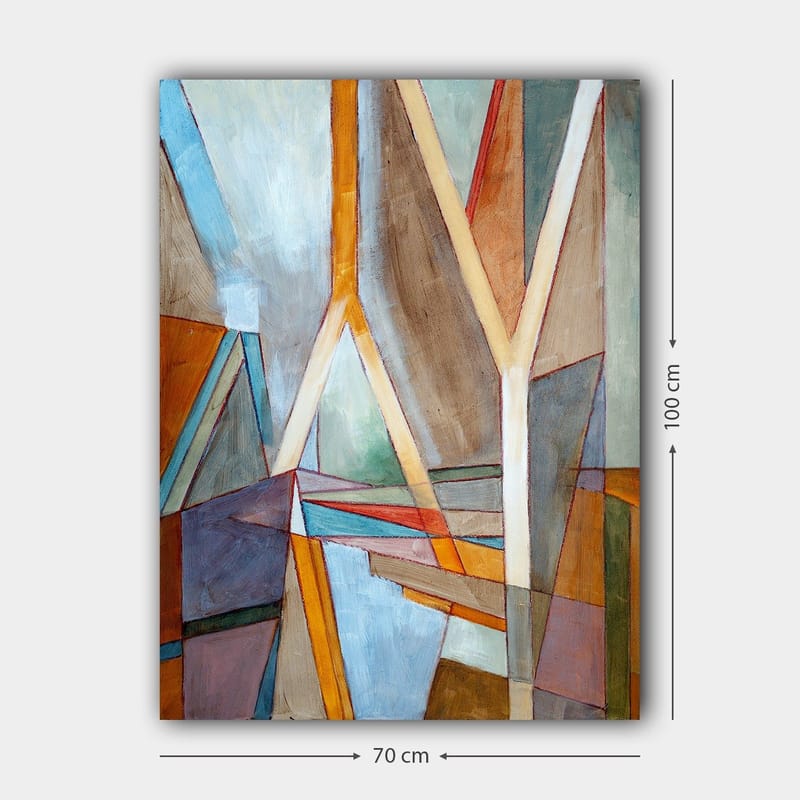 Canvastavla 70x100 cm - Abstrakt komposition med geometriska former och linjer som skapar en dynamisk känsla - Blå / Orange / Brun - Inredning - Tavlor & posters - Canvastavla