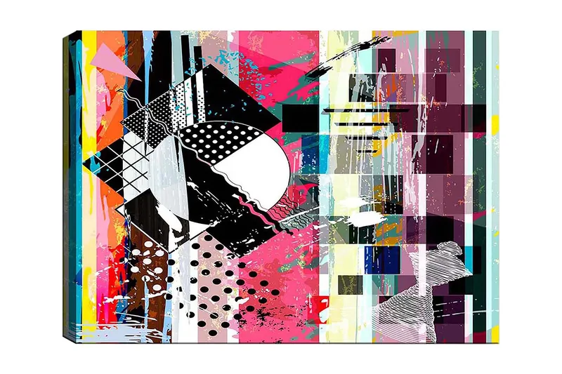 Canvastavla 70x100 cm - Abstrakt komposition med geometriska former och livliga färger, Rosa / Svart / Vit