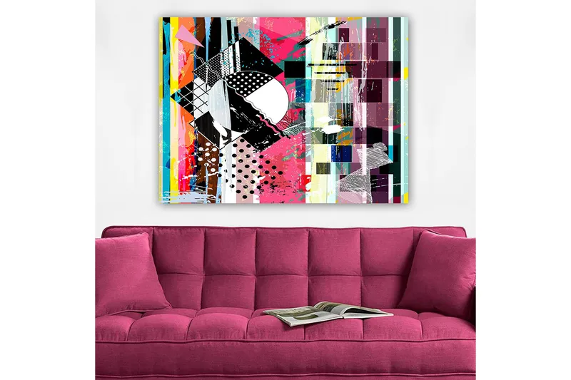 Canvastavla 70x100 cm - Abstrakt komposition med geometriska former och livliga färger - Rosa / Svart / Vit - Inredning - Tavlor & posters - Canvastavla