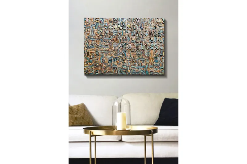 Canvastavla 70x100 cm - Abstrakt komposition med geometriska former och mönster i olika nyanser, Blå / Brons / Svart