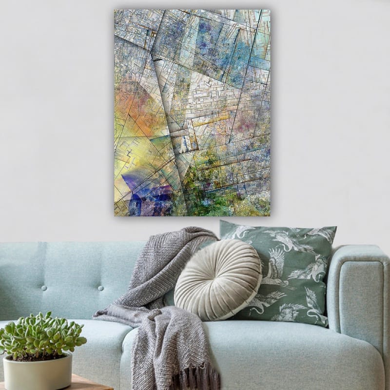 Canvastavla 70x100 cm - Abstrakt komposition med geometriska former och mjuka färgövergångar - Blå / Grön / Gul - Inredning - Tavlor & posters - Canvastavla