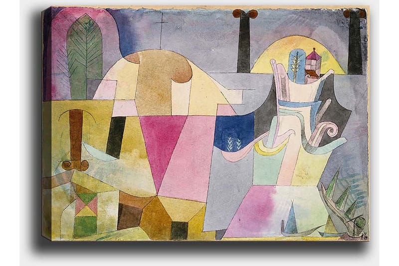 Canvastavla 70x100 cm - Abstrakt komposition med geometriska former och mjuka färger som skapar en drömlik atmosfär - Rosa / Gul / Grön - Inredning - Tavlor & posters - Canvastavla