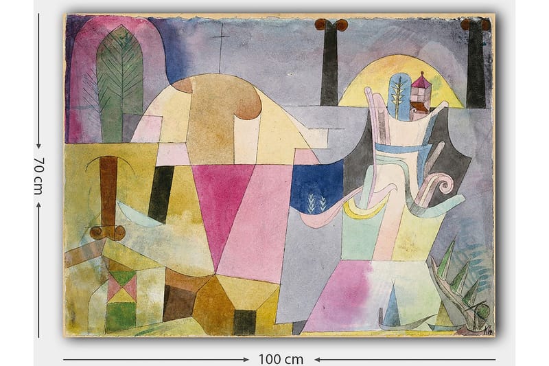 Canvastavla 70x100 cm - Abstrakt komposition med geometriska former och mjuka färger som skapar en drömlik atmosfär - Rosa / Gul / Grön - Inredning - Tavlor & posters - Canvastavla