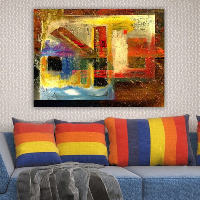 Canvastavla 70x100 cm - Abstrakt komposition med geometriska former och starka färger - Röd / Guld / Blå - Inredning - Tavlor & posters - Canvastavla