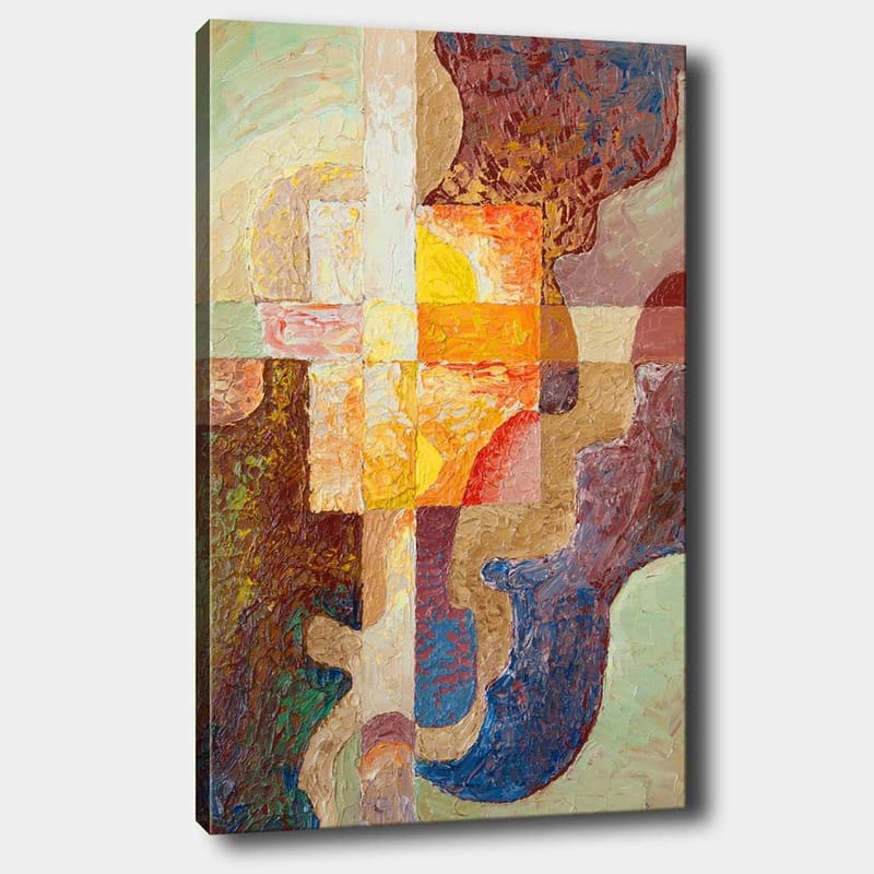 Canvastavla 70x100 cm - Abstrakt komposition med geometriska former och varma färger som skapar en dynamisk känsla, Mörkbrun / Orange / Lila